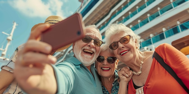 Eine Gruppe lächelnder Rentner macht sich ein Selfie