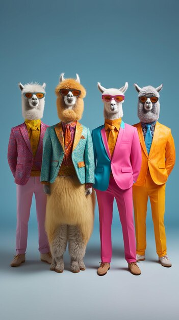 Eine Gruppe Lamas steht in einer Reihe und trägt eine Sonnenbrille und einen rosa Anzug.