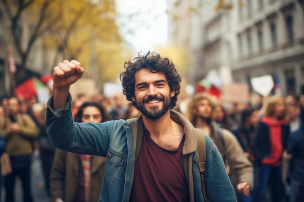 Eine Gruppe leidenschaftlicher Demonstranten, sowohl jung als auch alt, beteiligt sich an einer Stadtkundgebung für politischen Wandel und Demokratie