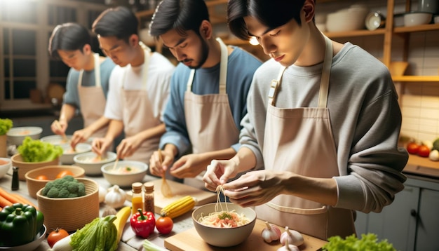 Eine Gruppe lernt kochen, wobei eine Person sorgfältig ein Gericht garniert