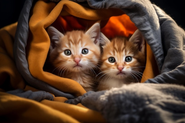 Eine Gruppe liebenswerter Kätzchen, die sich in einer gemütlichen Decke zusammengekuschelt haben