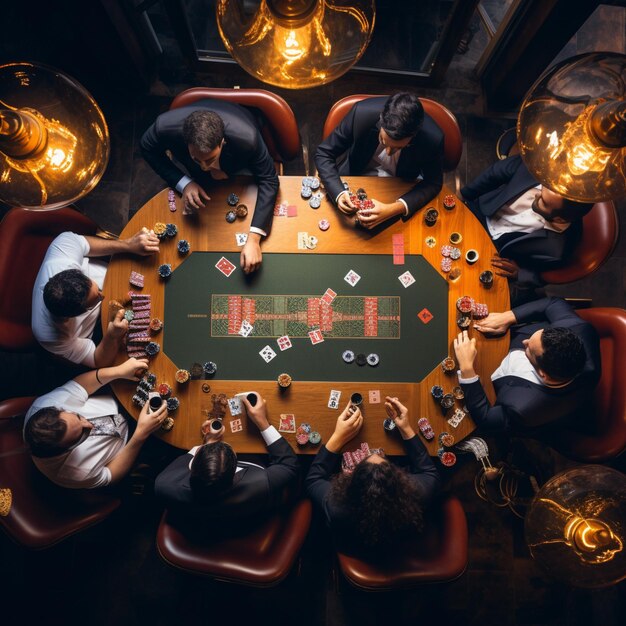 Foto eine gruppe männer, die am tisch poker spielen, draufsicht