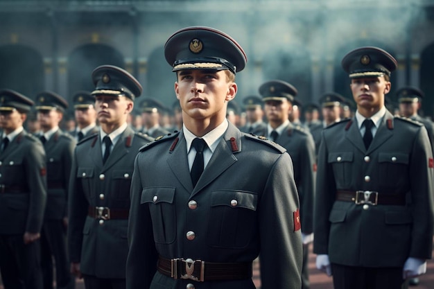 eine Gruppe Männer in Uniform mit der Aufschrift „Er ist an der Front.“