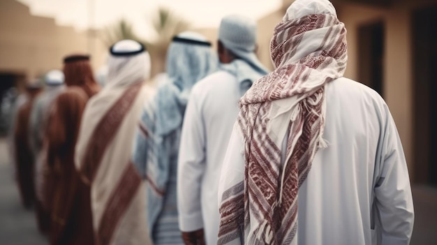 Eine Gruppe Männer steht in einer Reihe, einer von ihnen trägt ein traditionelles arabisches Outfit.