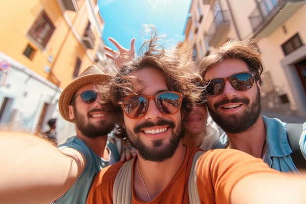 Eine Gruppe männlicher Freunde macht sich ein Selfie auf einer sonnigen Straße