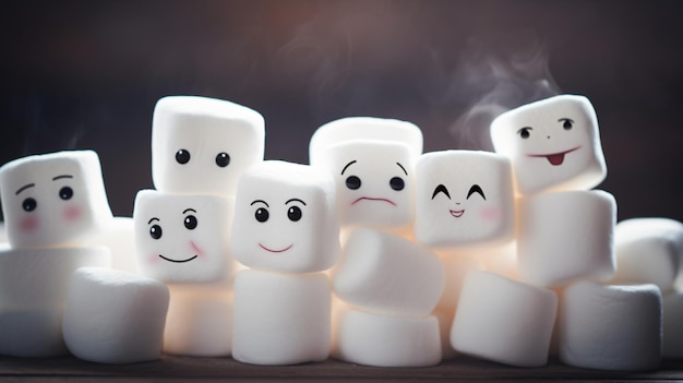 Eine Gruppe Marshmallows mit Gesichtern