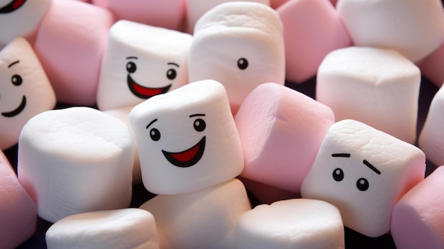 Eine Gruppe Marshmallows mit Gesichtern