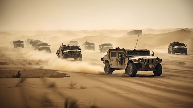 Eine Gruppe Militärfahrzeuge fährt eine Straße entlang.