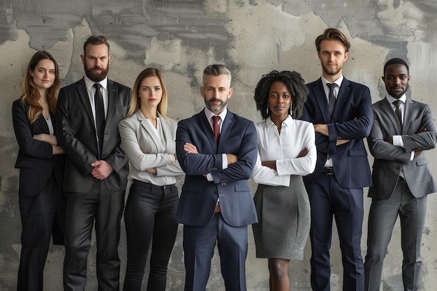 eine Gruppe moderner Geschäftsleute in einer dramatischen Volllänge-Pose mit gefalteten Armen