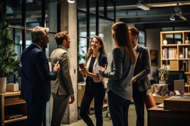 Eine Gruppe moderner Geschäftsleute redet und lächelt, während sie im Büroraum stehen