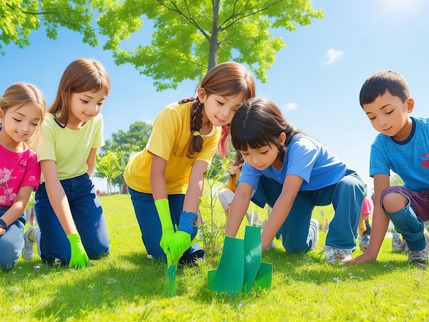 Eine Gruppe moderner Kinder in leuchtenden Farben pflanzt einen Bäumchen auf einer sonnenverwöhnten Wiese