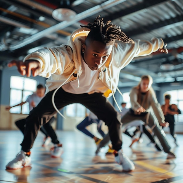 Eine Gruppe multiethnischer junger Jungen und Mädchen tanzt im Breakdance-Stil mit Musik im Innenraum im Fitnessstudio