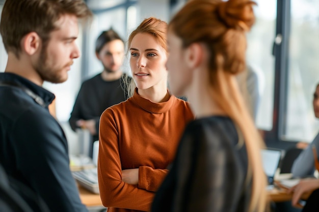 Eine Gruppe multiracialer Geschäftsleute, die zusammen im Büro mit KI arbeiten und kommunizieren