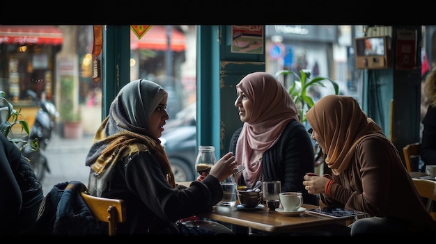 Eine Gruppe muslimischer Frauen unterhält sich in einem Café, das von KI generiert wurde.