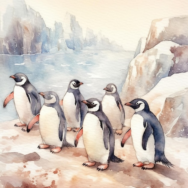 Eine Gruppe nebeneinander stehender Pinguine. Generatives KI-Bild