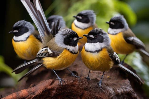 Eine Gruppe neuseeländischer Fantail-Vögel aus nächster Nähe