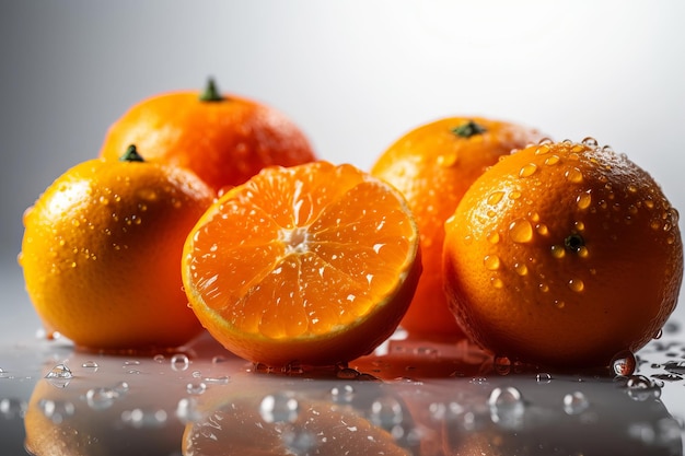 Eine Gruppe Orangen mit Wassertröpfchen darauf