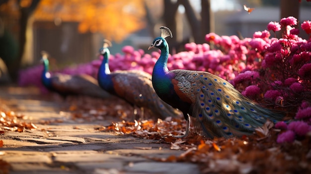 Eine Gruppe Pfau spielt im Herbstlaub im gefallenen Path Park