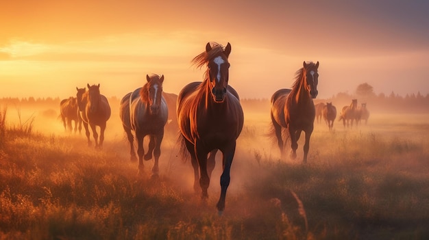 Eine Gruppe Pferde, die auf einem Feld laufen. Generative KI-Kunst