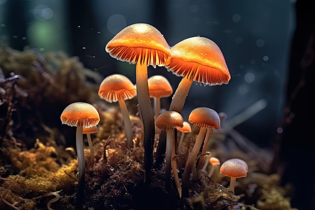 Eine Gruppe Pilze im Dunkeln mit blauem Hintergrund.