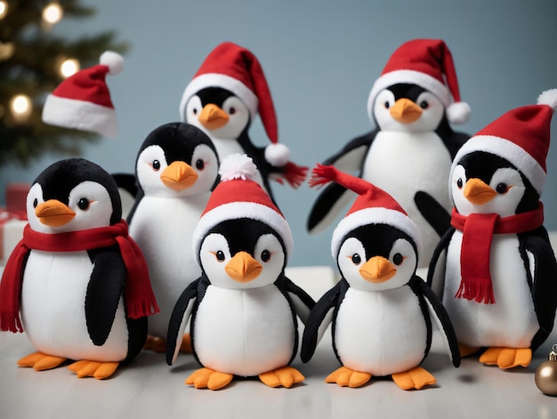 Eine Gruppe Pinguine, die Weihnachtsmützen tragen