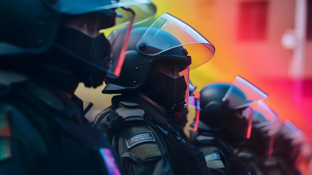 Eine Gruppe Polizisten steht vor einem Regenbogen.