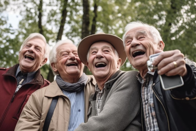 Eine Gruppe Rentner macht ein Selfie und lacht gemeinsam im Freien, erstellt mit generativer KI