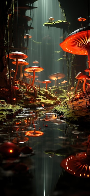 Eine Gruppe riesiger Pilze mit leuchtenden Lichtern