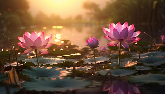 eine Gruppe rosa Blumen in einem Teich