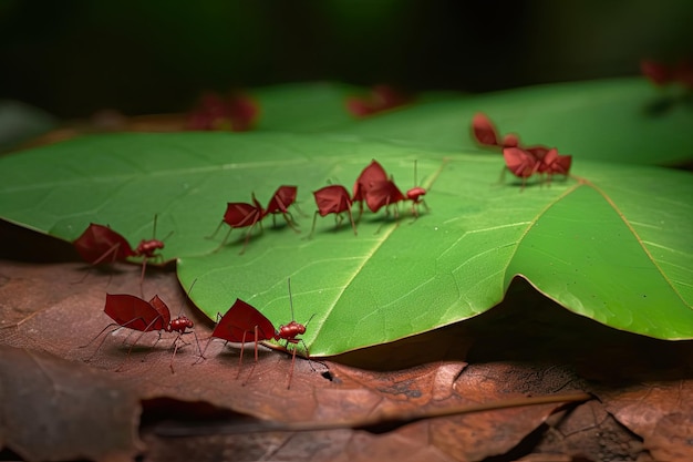 Eine Gruppe roter Ameisen auf einem grünen Blatt Generative Ai