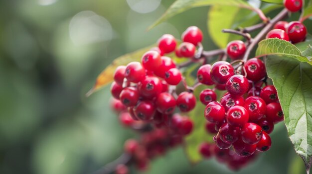 Eine Gruppe roter Beeren hängt an einem Baum