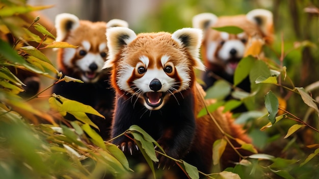 Eine Gruppe roter Pandas durchquert anmutig einen üppigen Wald