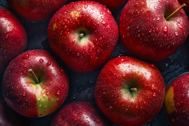 Eine Gruppe roter Äpfel sitzt auf einem mit Wasser bedeckten Tisch. Generative KI