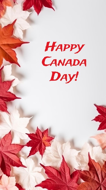 Eine Gruppe roter und orangefarbener Blätter textet generatives KI-Bild „Happy Canada Day“.