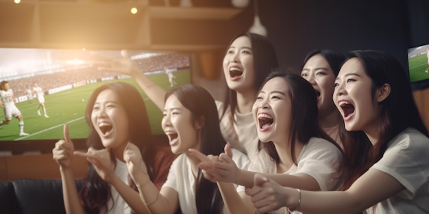 Eine Gruppe schöner asiatischer Freundinnen sitzt auf dem Sofa und schaut sich zusammen einen Fußballspielwettbewerb im Fernsehen an. Fröhliche weibliche Fußballfans jubeln über den Sieg