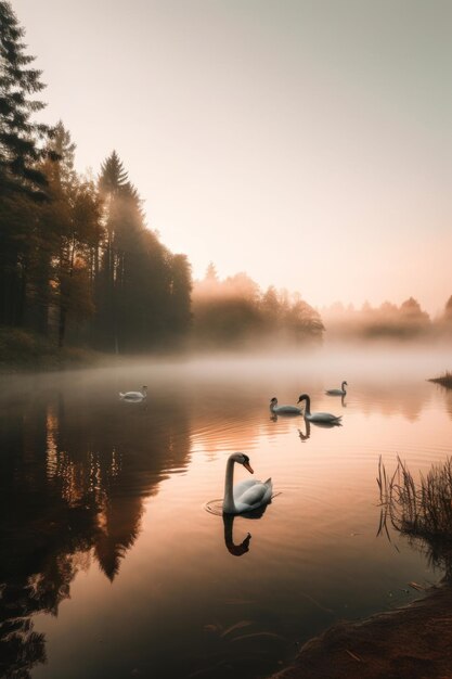 Eine Gruppe Schwäne schwimmt auf einem See. Generatives KI-Bild