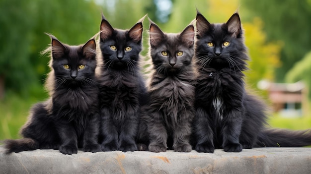 Eine Gruppe schwarzer Maine-Coon-Kätzchen posiert gemeinsam im Freien