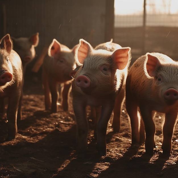 Eine Gruppe Schweine steht in einem Stall.