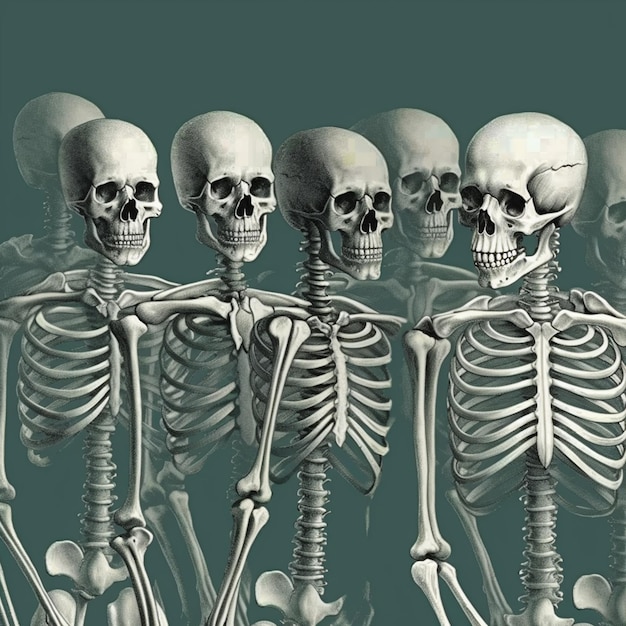 Eine Gruppe Skelette steht in einer Reihe.