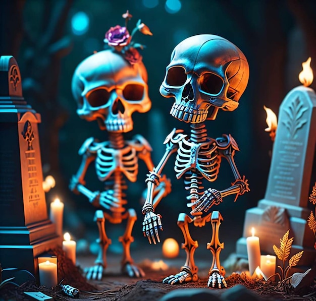 Eine Gruppe Skelette steht neben einem Friedhof mit einer Blume auf der Spitze.