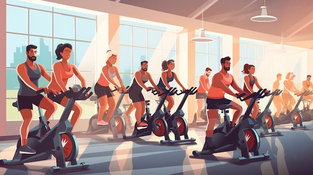 Eine Gruppe sportlicher Menschen, die im Fitnessstudio Spinning-Unterricht absolvieren