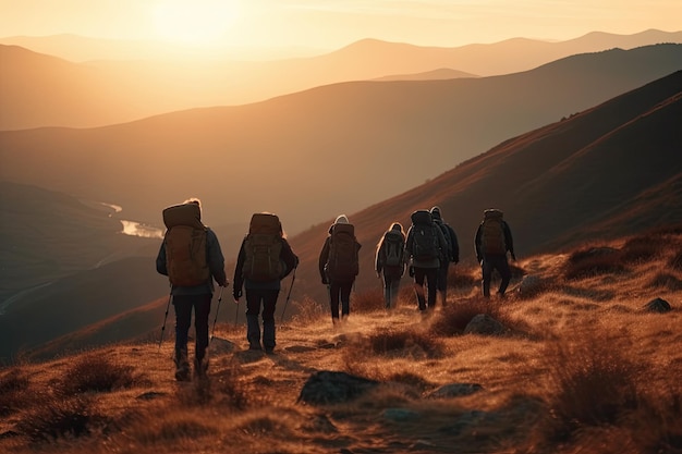 Foto eine gruppe sportlicher wanderer wird dabei eingefangen, wie sie bei sonnenuntergang mit ihren rucksäcken generative ai durch eine bergige landschaft spazieren