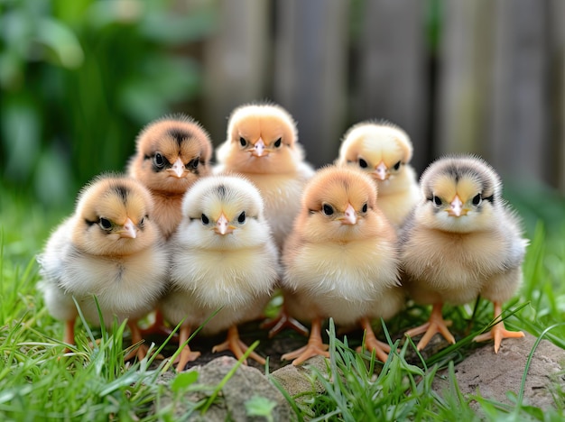 Eine Gruppe süßer Küken in einem Gartenfoto