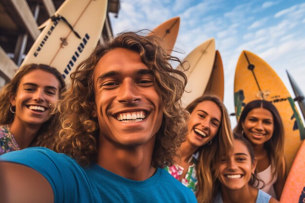 Eine Gruppe Surfer, die draußen stehen und Selfies machen