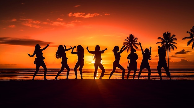 Eine Gruppe tanzender Menschen am Strand mit einer Palme im Hintergrund