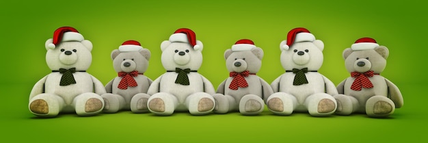 Eine Gruppe Teddybären mit Weihnachtsmützen auf dem Kopf