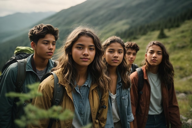 Eine Gruppe Teenager wandert und genießt die Natur. Eine Gruppe junger Freunde erkundet die freie Natur. Generative KI