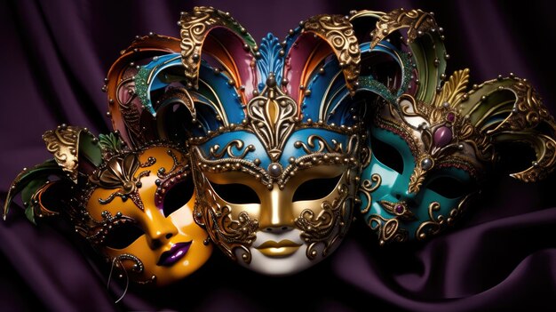 Eine Gruppe venezianischer Mardi Gras-Masken oder Verkleidungen auf einem dunklen Hintergrund