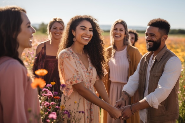 Eine Gruppe verschiedener Freunde hält sich auf einem Blumenfeld an den Händen