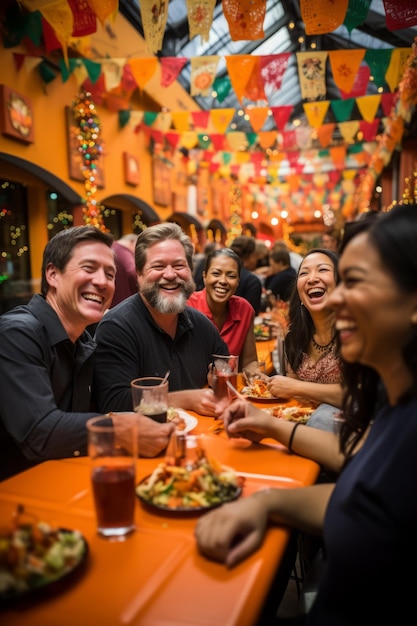 Eine Gruppe verschiedener Freunde lacht und genießt eine Mahlzeit zusammen in einem Restaurant